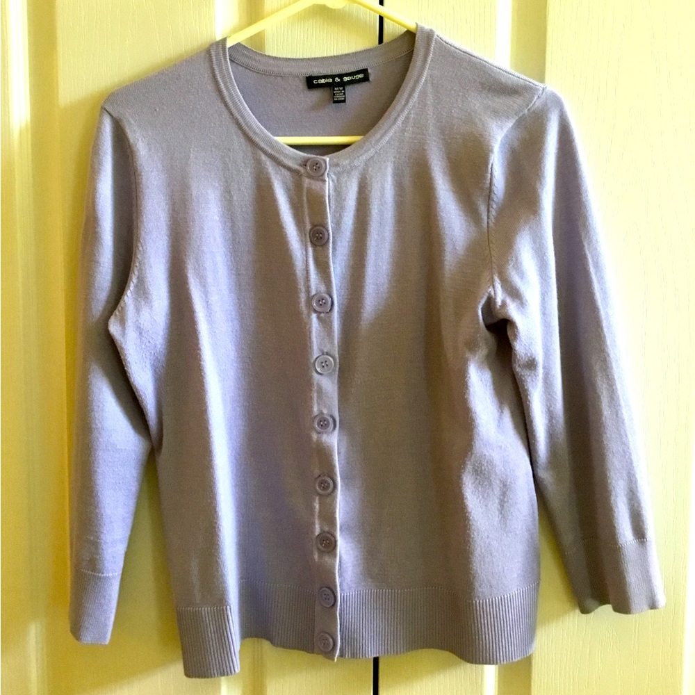 Cable & Gauge cardigan sweater - muted purple/gray color.